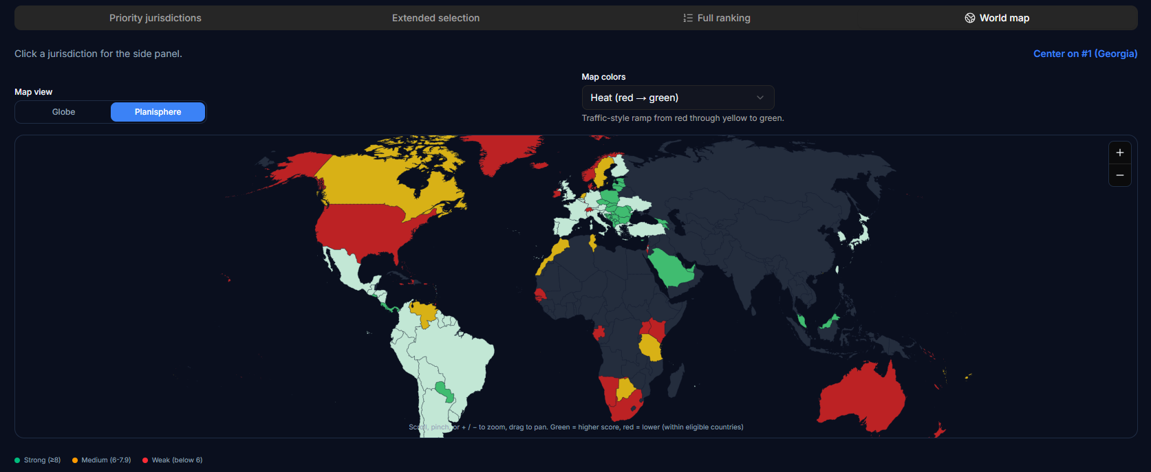 GeoCompass Personal Cockpit world map tab, showing every eligible jurisdiction color-coded by score on a planisphere with green for strong fit and red for weak fit